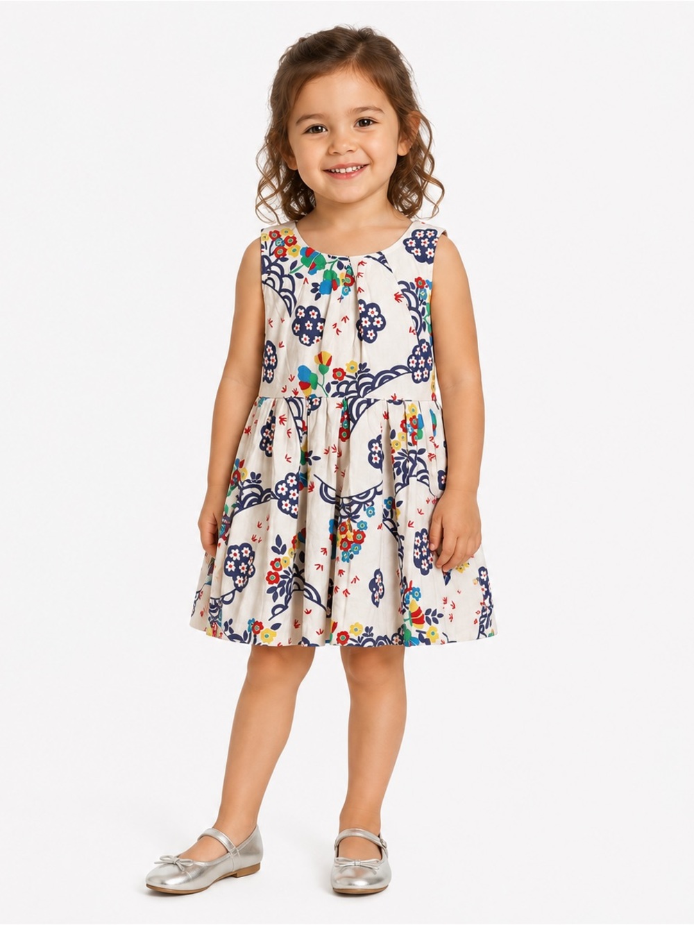 Mini Boden Linen Cotton Floral Print Dress Multicolor 2-3Y Sleeveless Pleated